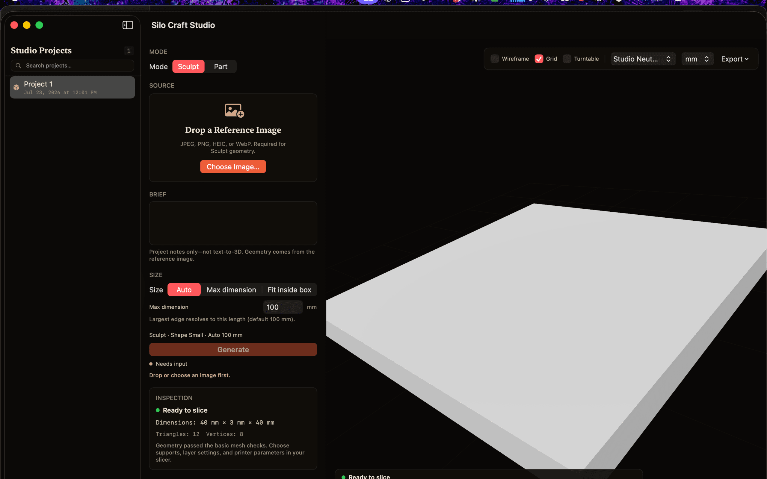 Silo Craft Studio Sculpt result with a visible measured mesh and inspection HUD