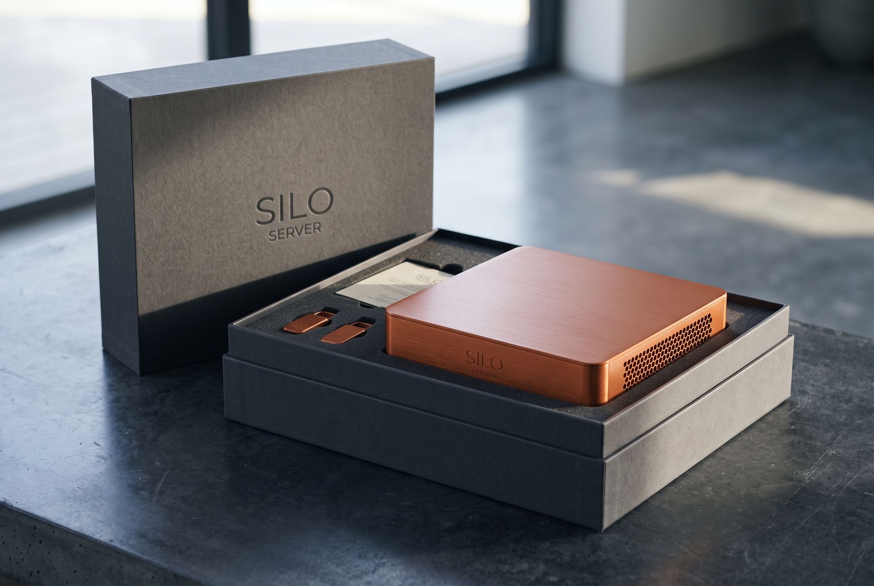 A Silo Server module seated in a charcoal presentation box with a debossed SILO SERVER lid, two paired SiloKeys and the provenance certificate in the tray beside it