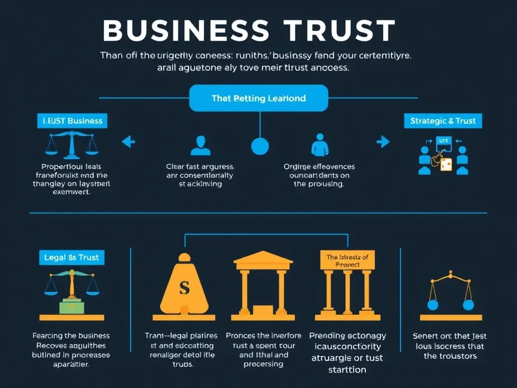 An image showcasing various business trust structures and their benefits, with a focus on legal frameworks and strategic planning. The image should have a dark background with blue accent elements.