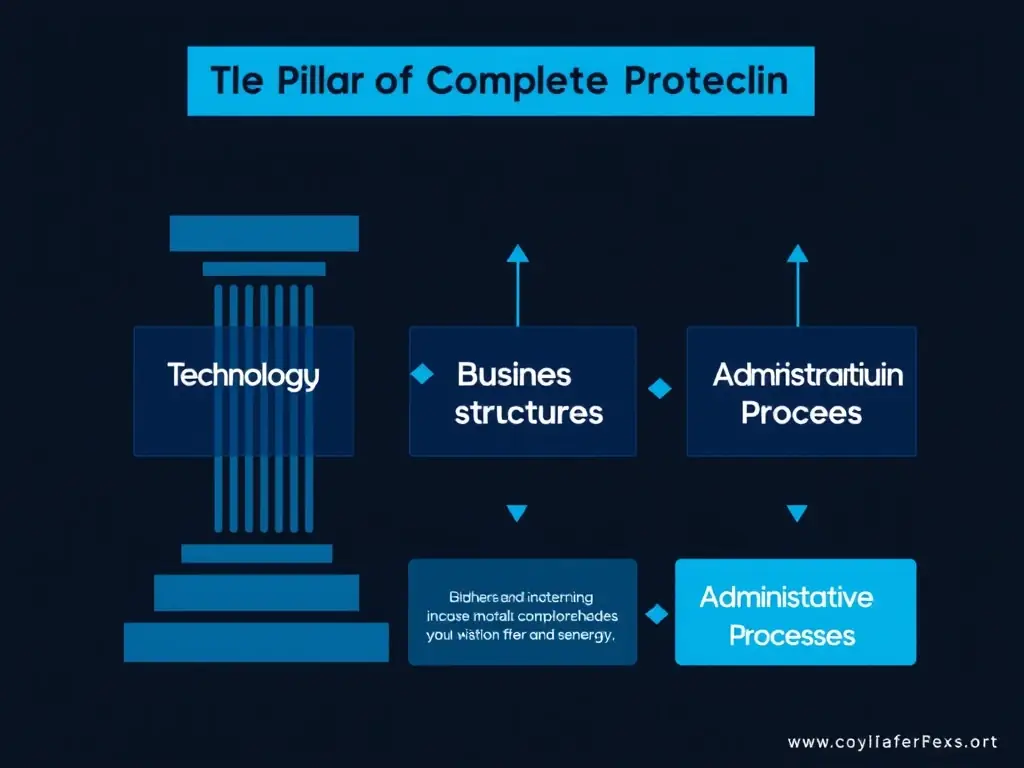 A visually appealing diagram illustrating the "Three Pillars of Complete Protection": Technology, Business Structures, and Administrative Processes. The image should have a dark background with blue accent elements, maintaining brand consistency.
