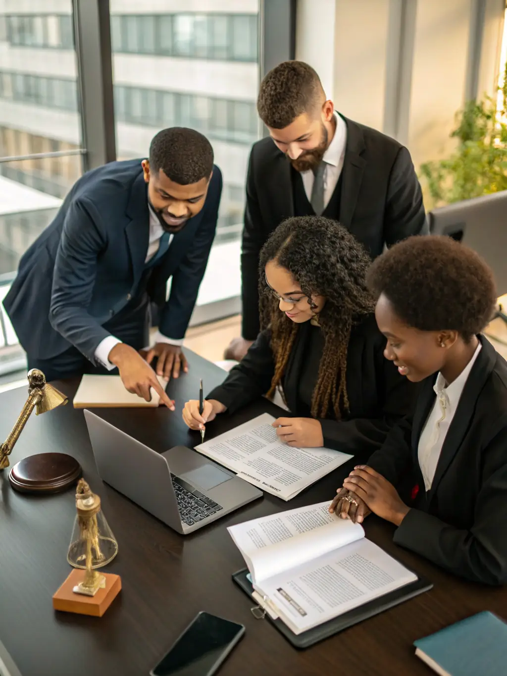 A diverse team of legal consultants collaborating in a modern office, showcasing Ohms Law's commitment to comprehensive legal support.