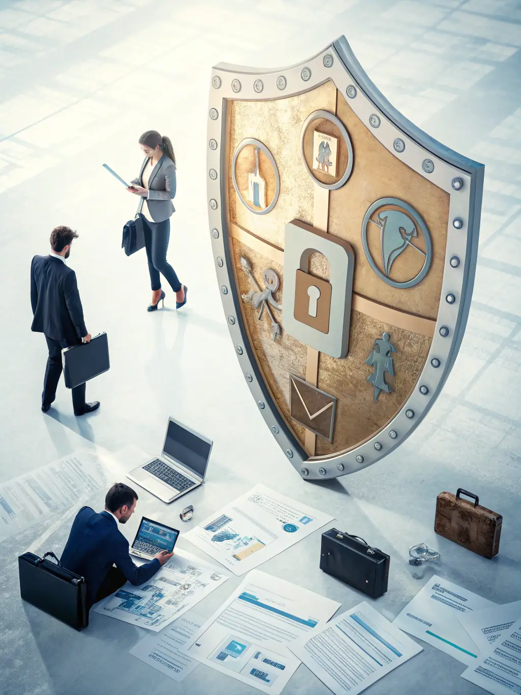 An image of a complex legal document overlaid with a stylized shield, symbolizing asset protection and the creation of business trust structures by Ohms Law.