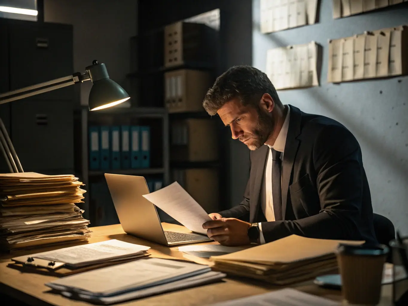 An image representing administrative legal processes, such as compliance checks and legal documentation, with a focus on accuracy and efficiency. The image should have a dark background with blue accent elements.