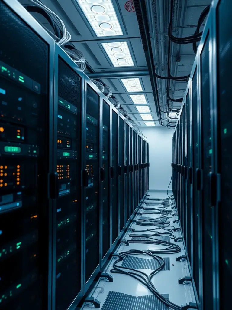 A professional photograph of a modern server room, emphasizing data security and technological privacy, used to illustrate Ohms Law's expertise in technological privacy and security.